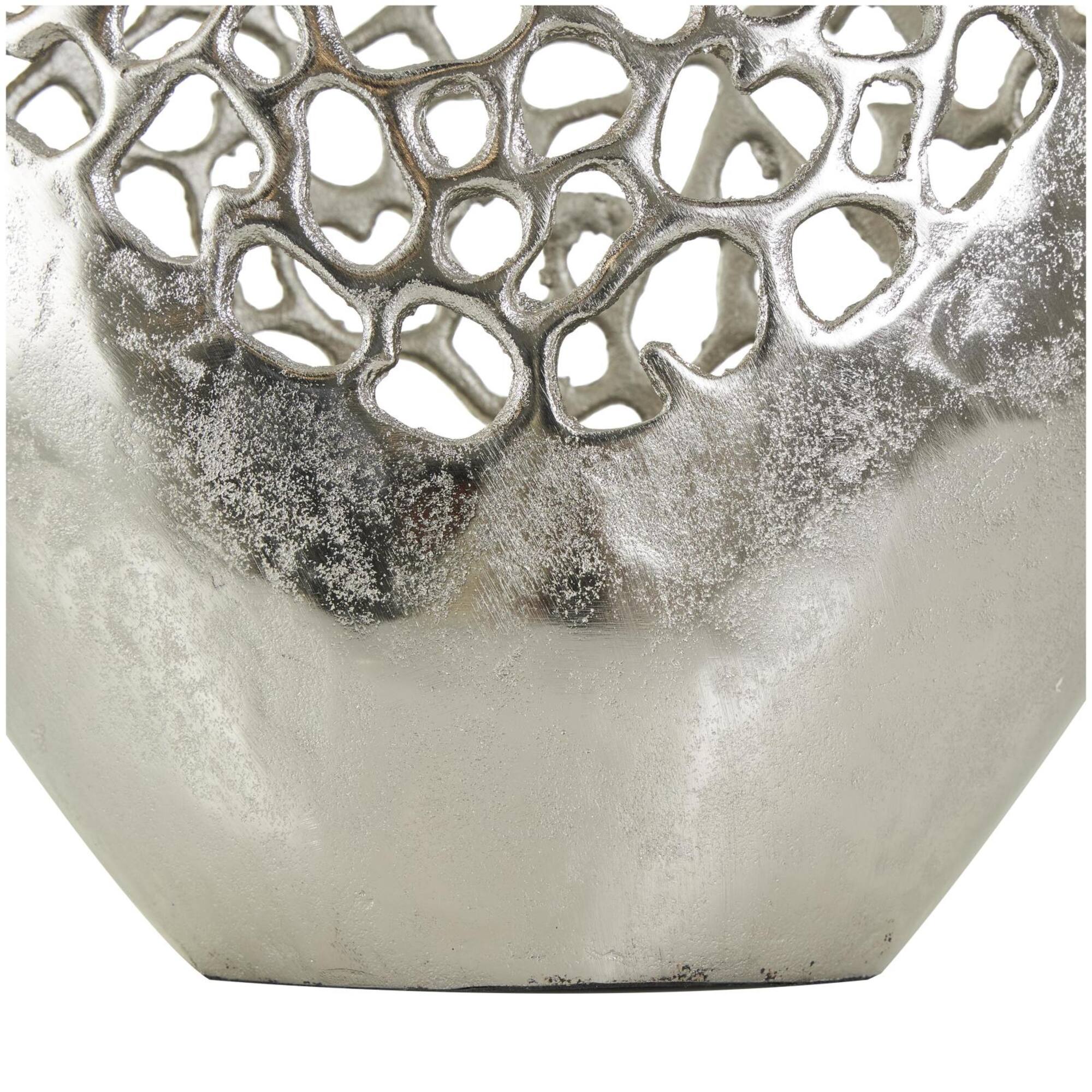 21" Silver Aluminum Metal Rounded Vase with Freeform Open Lattice Work